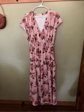 Dusty Pink Floral Wrap Maxi Dress with Elastic Waist